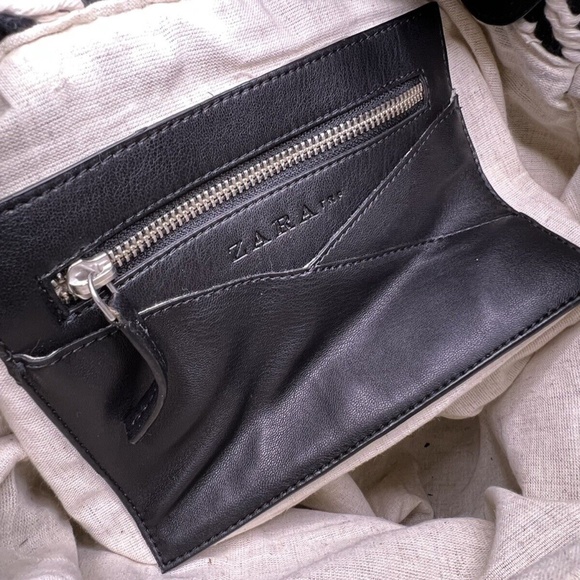 ZARA Woven Crochet Beige Black Cotton Bohemian Purse Shoulder Bag Tote - Picture 10 of 12